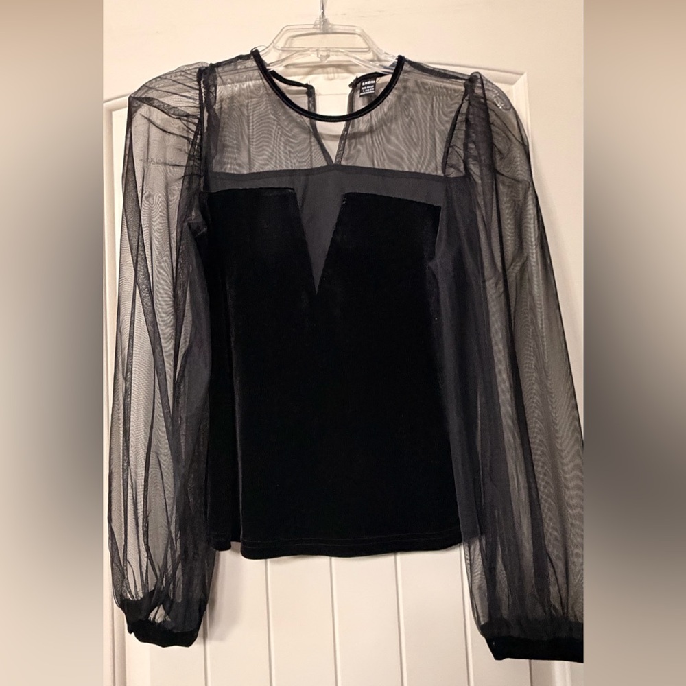 SHEIN Black Mesh Sleeve Blouse